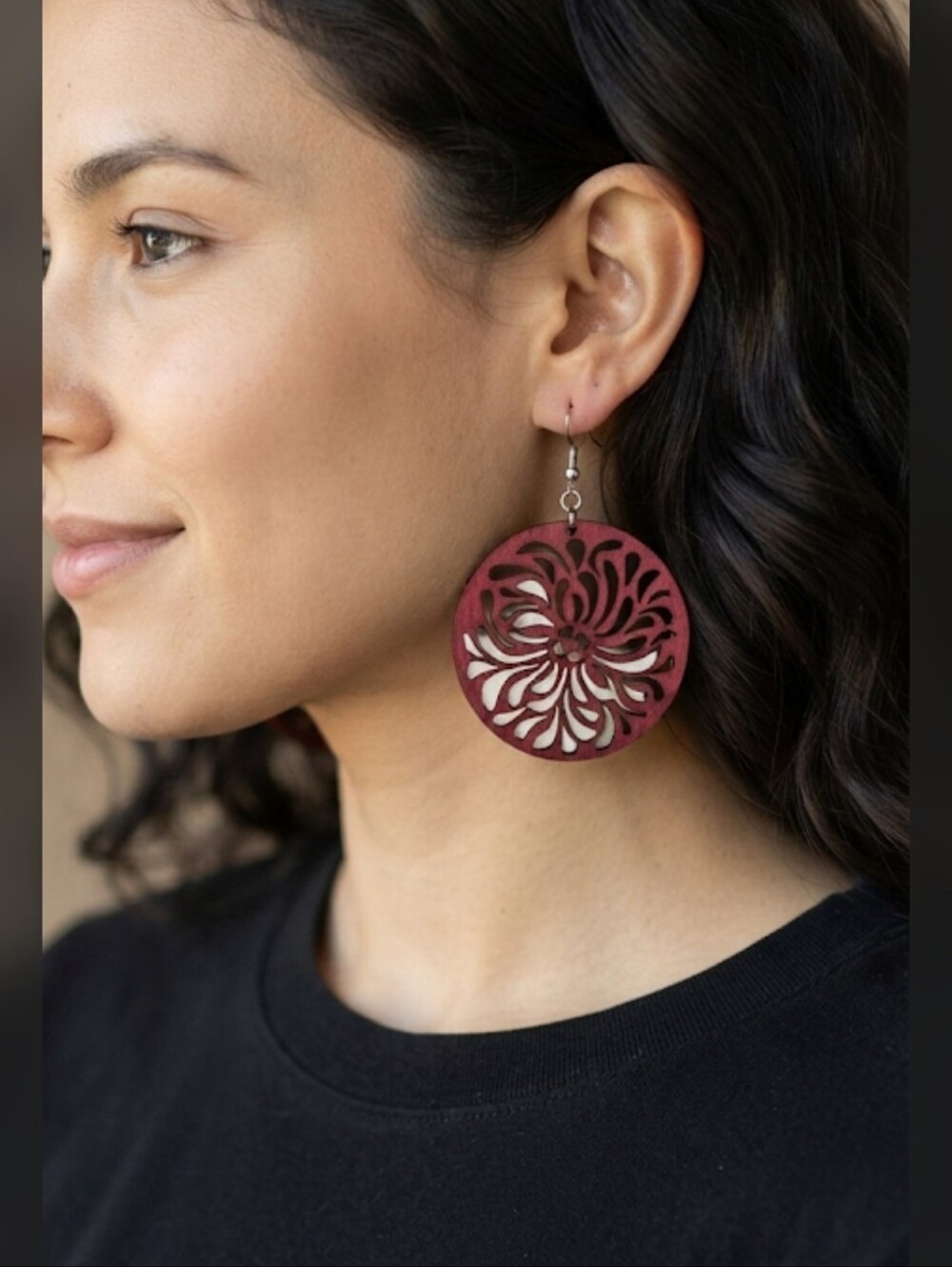 Laser Cut Wood Raindrop Lightweight Circle Dangle Earrings Brick Red Color